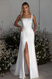 Square Neck Satin Ivory Column Sweep Train Wedding Dress with Slit