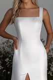 Square Neck Satin Ivory Column Sweep Train Wedding Dress with Slit