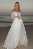 Princess Off the Shoulder Tulle Ivory A Line Applique Wedding Dress