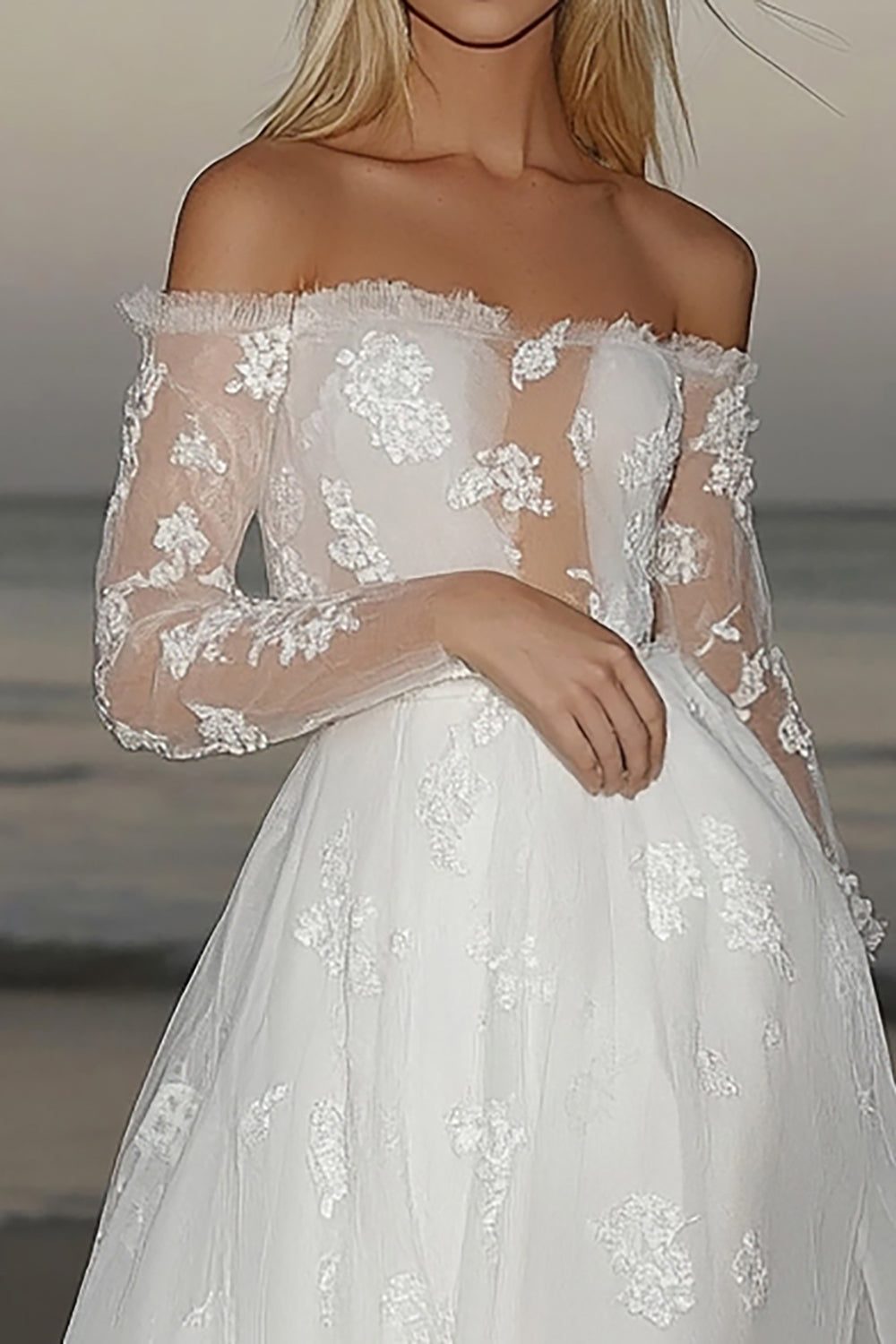 Princess Off the Shoulder Tulle Ivory A Line Applique Wedding Dress