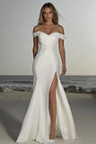Elegant Ivory Off the Shoulder Satin Sheath Wedding Dress with Slit