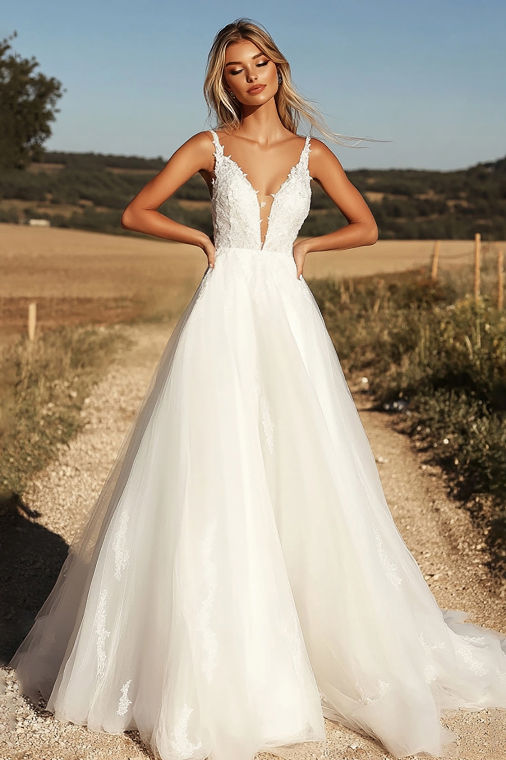 Ivory V Neck Applique A Line Tulle Floor Length Wedding Dress