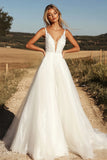 Ivory V Neck Applique A Line Tulle Floor Length Wedding Dress