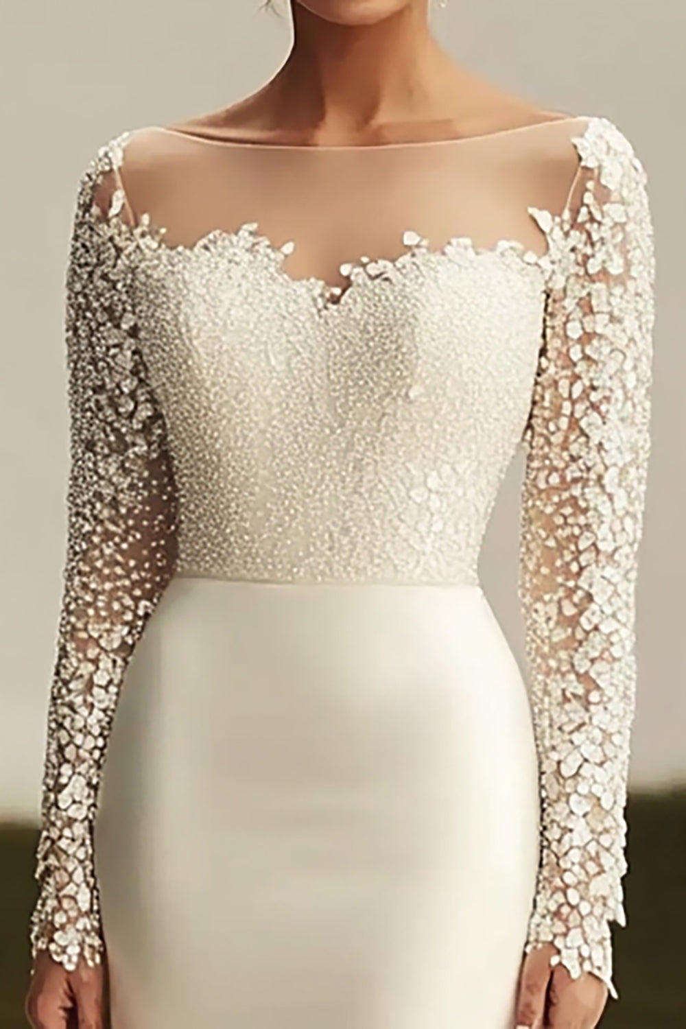 Ivory Satin Sheath Sweep Train Wedding Dress with Lace Applique