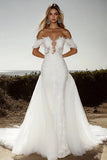 Ivory Applique Off the Shoulder Bodycon Tulle Sweep Train Wedding Dress