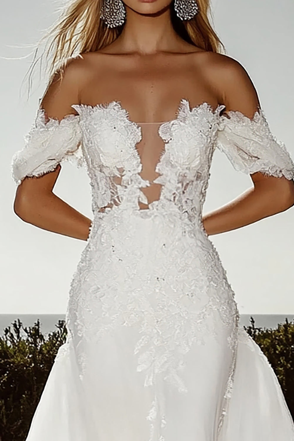 Ivory Applique Off the Shoulder Bodycon Tulle Sweep Train Wedding Dress