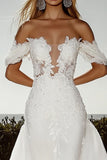 Ivory Applique Off the Shoulder Bodycon Tulle Sweep Train Wedding Dress