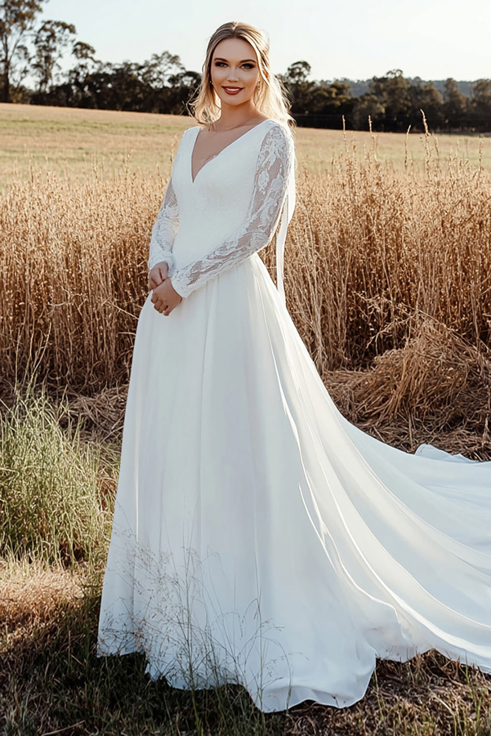 Ivory V-Neck A Line Long Sleeves Wedding Dress with Lace