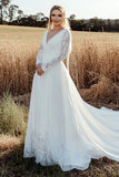 Ivory V-Neck A Line Long Sleeves Wedding Dress with Lace