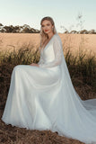 Ivory V-Neck A Line Long Sleeves Wedding Dress with Lace