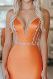 Orange Mermaid Satin Strapless V Neck Prom Dress with Beading