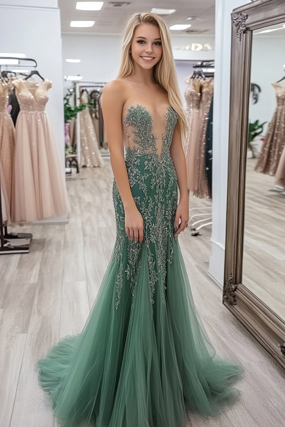 Agave Sheath Strapless V Neck Applique Prom Dress