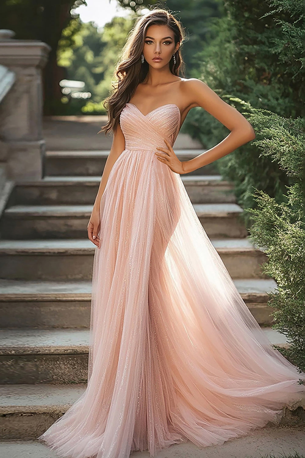 Glitter Blush A Line Tulle Pleated Sweetheart Floor Length Prom Dress