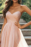 Glitter Blush A Line Tulle Pleated Sweetheart Floor Length Prom Dress