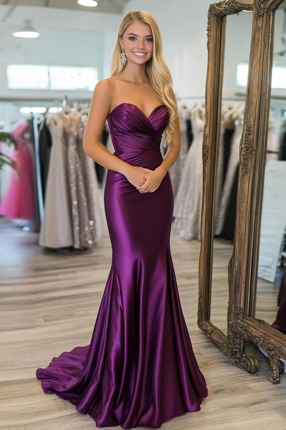 Plum Satin Sheath Sweetheart Ruched Long Prom Dress