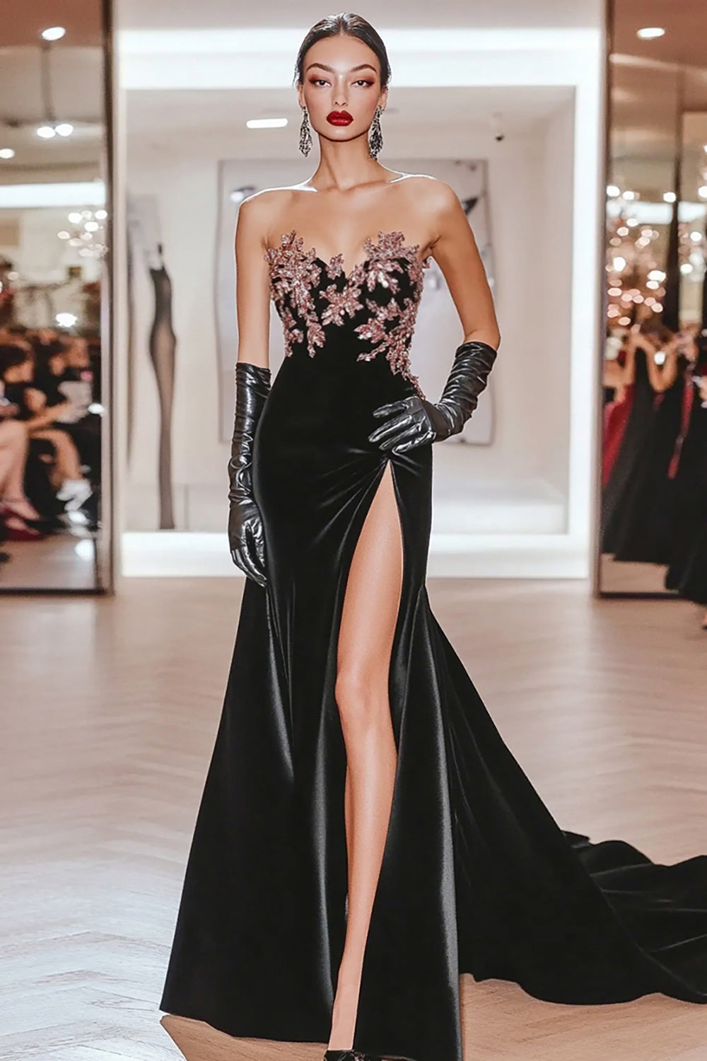 Black Mermaid Sweetheart Applique Prom Dress with Slit