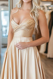 Gold Satin A Line Strapless Pleated Long Prom Dress
