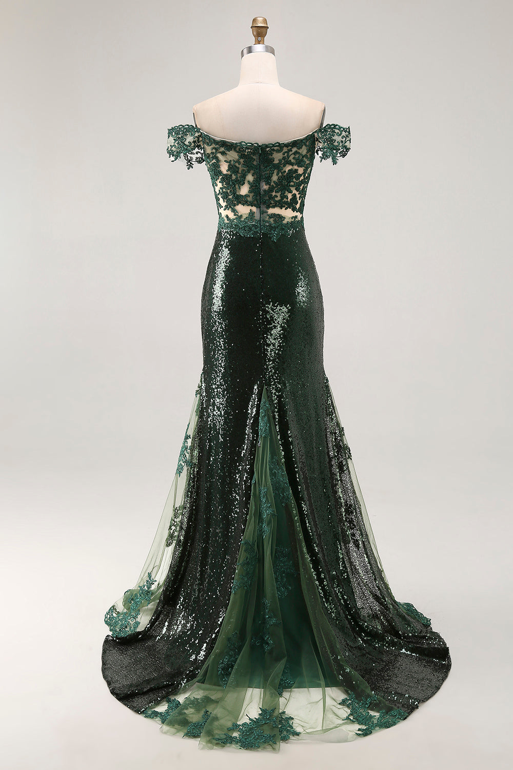 Sparkly Dark Green Sequins Off the Shoulder Mermaid Prom Dress with Slit