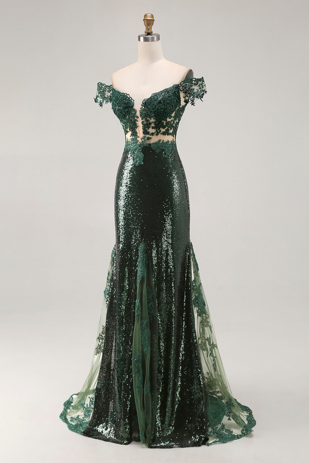 Sparkly Dark Green Sequins Off the Shoulder Mermaid Prom Dress with Slit
