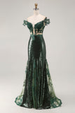 Sparkly Dark Green Sequins Off the Shoulder Mermaid Prom Dress with Slit