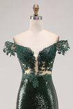 Sparkly Dark Green Sequins Off the Shoulder Mermaid Prom Dress with Slit