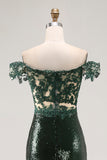 Sparkly Dark Green Sequins Off the Shoulder Mermaid Prom Dress with Slit
