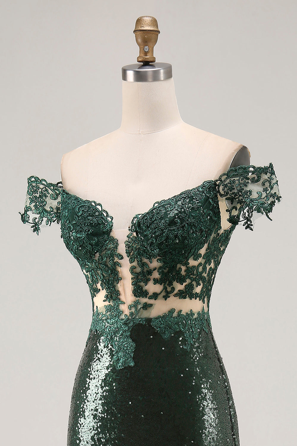 Sparkly Dark Green Sequins Off the Shoulder Mermaid Prom Dress with Slit