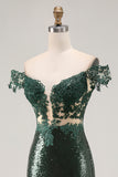 Sparkly Dark Green Sequins Off the Shoulder Mermaid Prom Dress with Slit