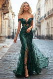 Sparkly Dark Green Sequins Off the Shoulder Mermaid Prom Dress with Slit