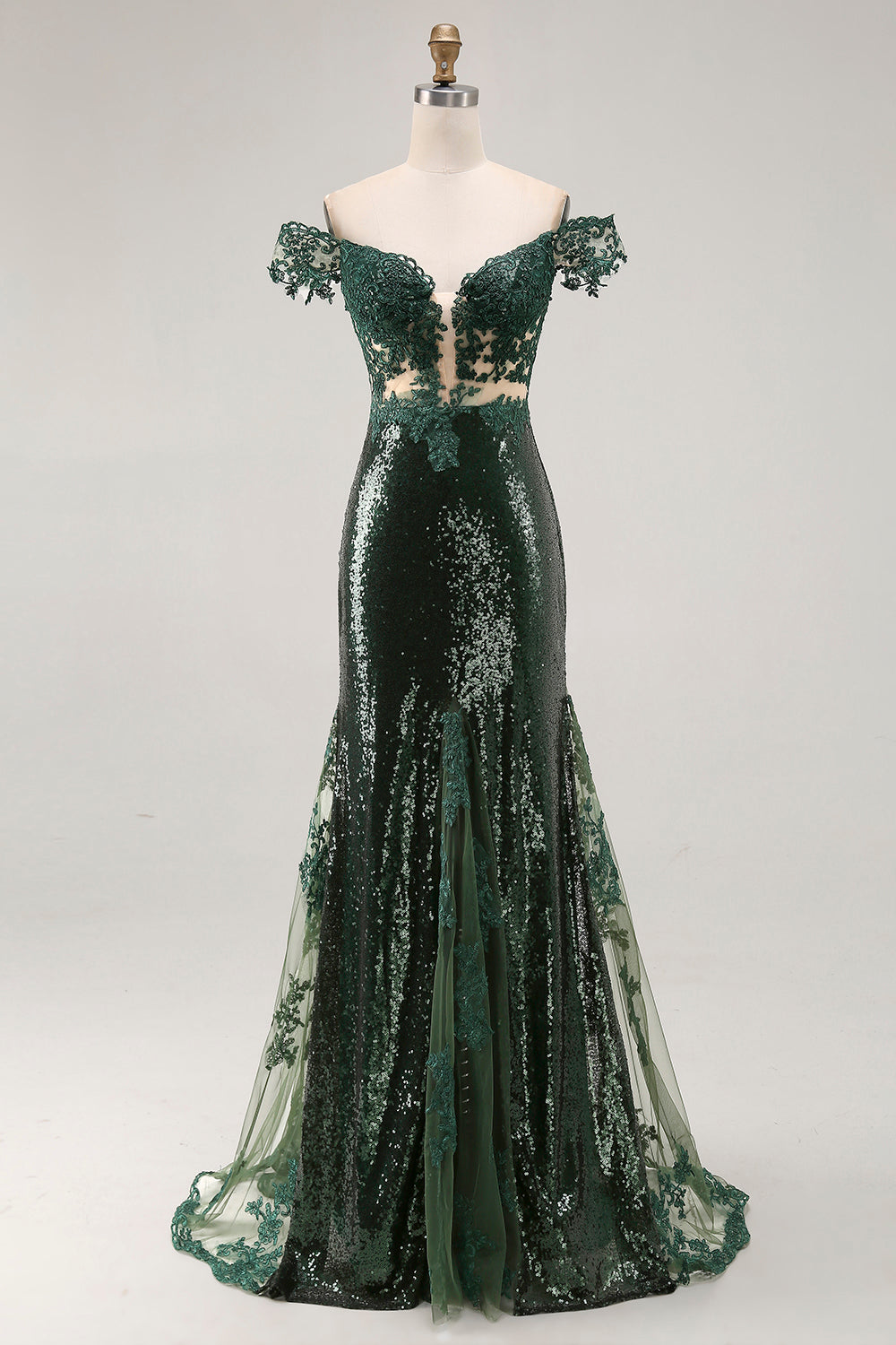 Sparkly Off the Shoulder Dark Green Sequins Mermaid Prom Dress with Slit