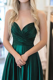 Dark Green Metallic Satin Pleated A Line Prom Dress