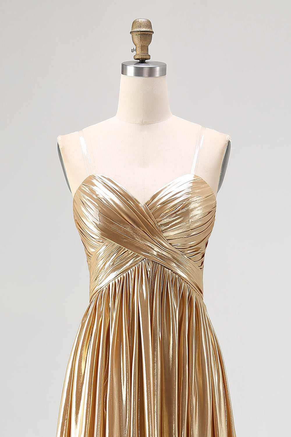 Gold Pleated Metallic Sweetheart A Line Long Prom Dress