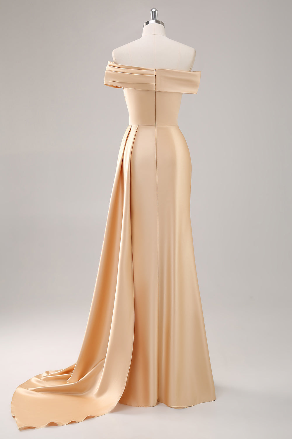 Champagne Satin Sheath Off the Shoulder Formal Dress with Side Cape