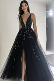 Black Ball Gown V-Neck Beaded Formal Dress with Slit
