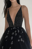 Black Ball Gown V-Neck Beaded Formal Dress with Slit