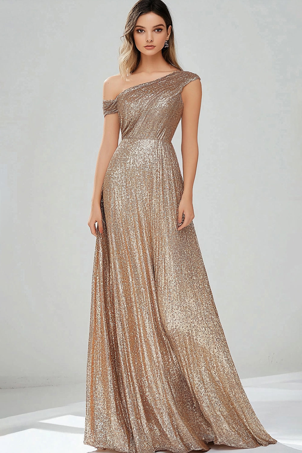 Leely Women Sparkly Golden Sequined Formal Dress One Shoulder A-Line Evening Dress