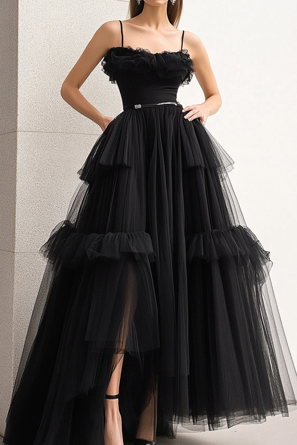 Black Spaghetti Straps A-Line Formal Dress with Slit
