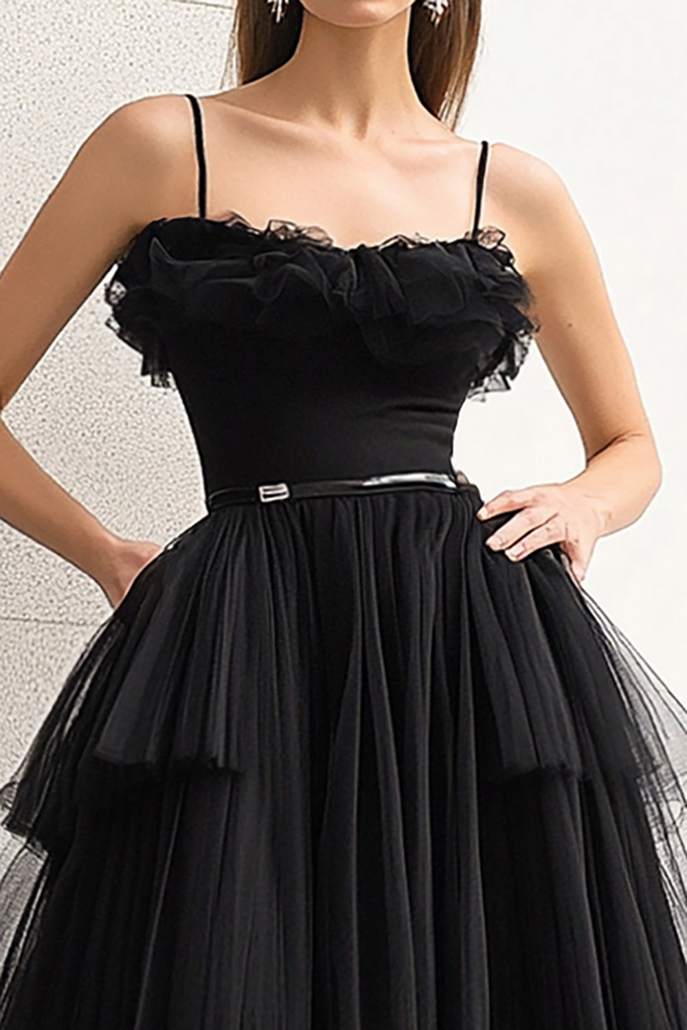Black Spaghetti Straps A-Line Formal Dress with Slit