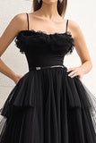 Black Spaghetti Straps A-Line Formal Dress with Slit