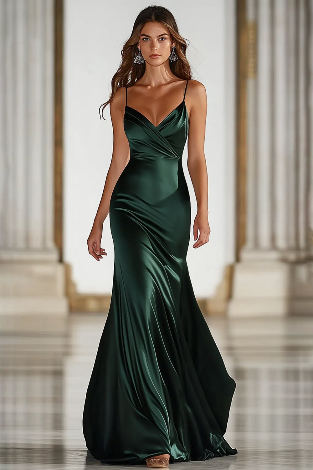 Leely Women Dark Green Formal Dress Satin Sheath Spaghetti Straps Long Evening Dress