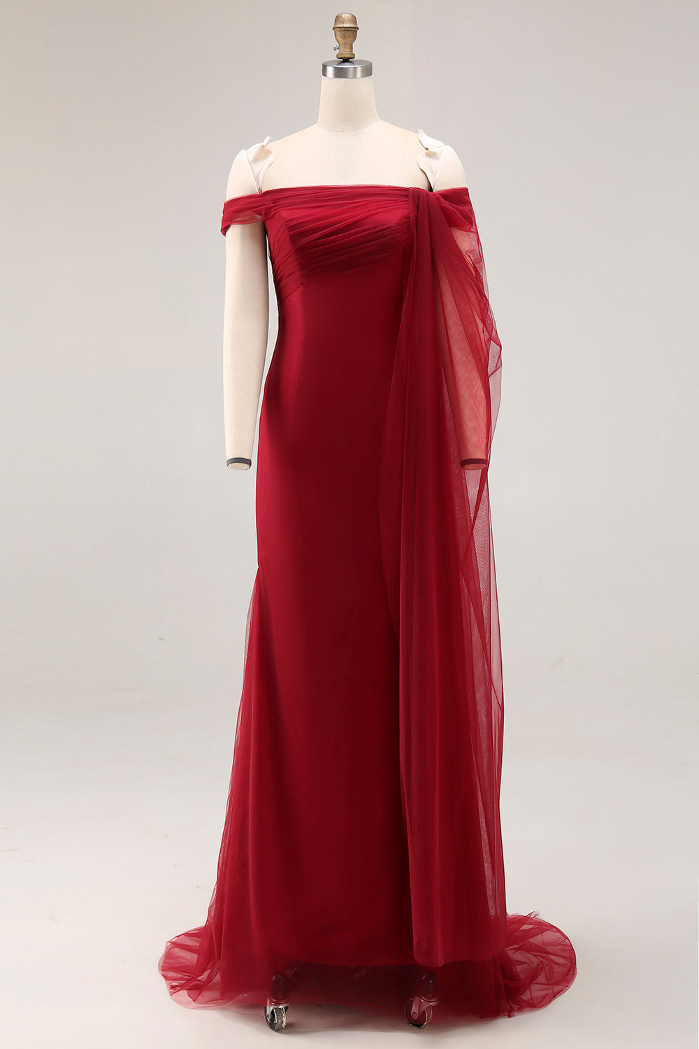 Cabernet Off the Shoulder Sheath Maxi Formal Dress with Ruffles
