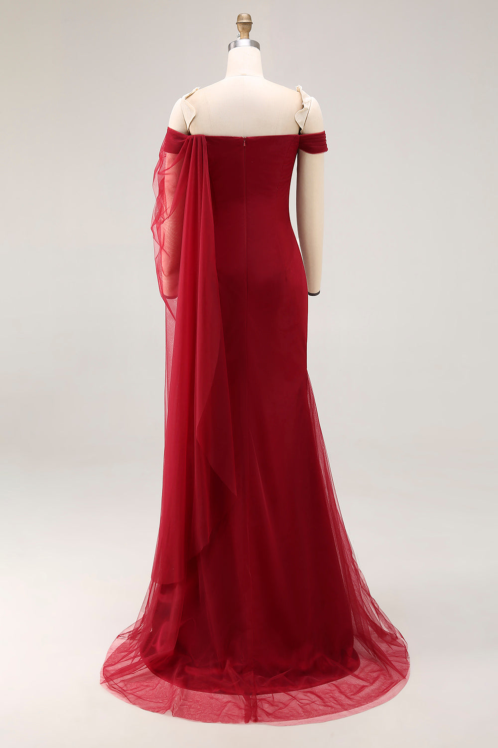 Cabernet Off the Shoulder Sheath Maxi Formal Dress with Ruffles