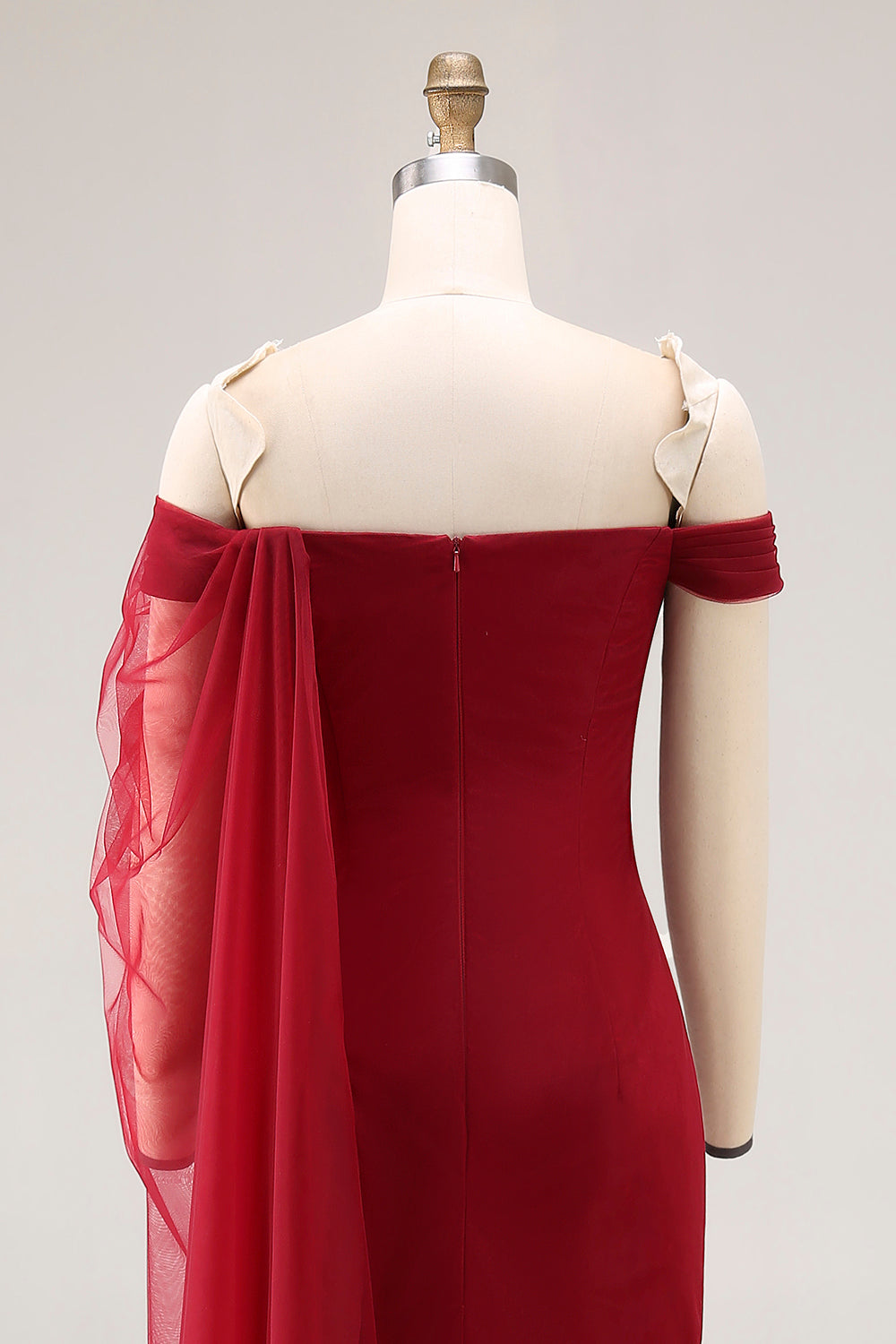 Cabernet Tulle Off the Shoulder Maxi Formal Dress with Ruffles