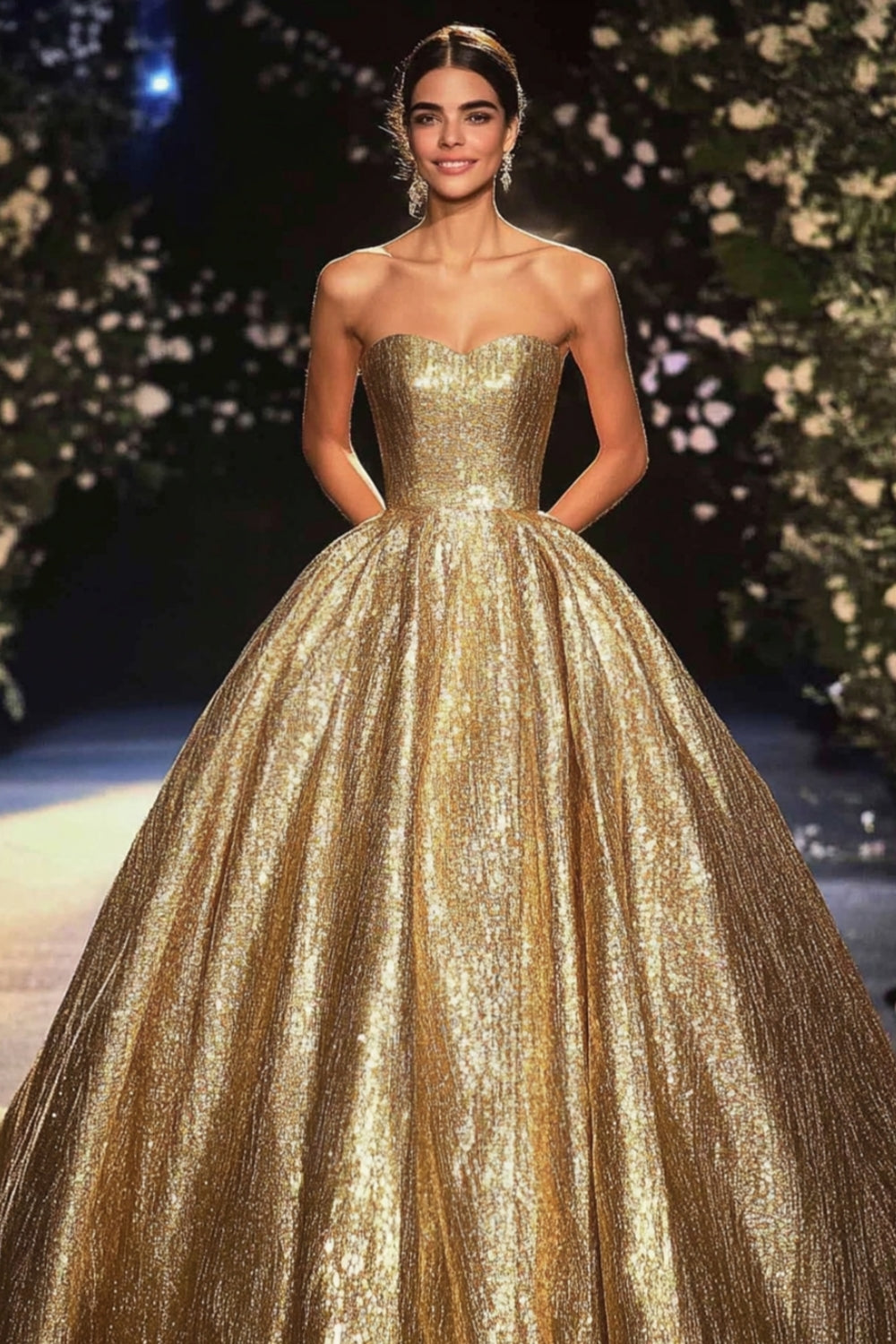 Sparkly Gold Princess Ball Gown Strapless Floor Length Formal Dress