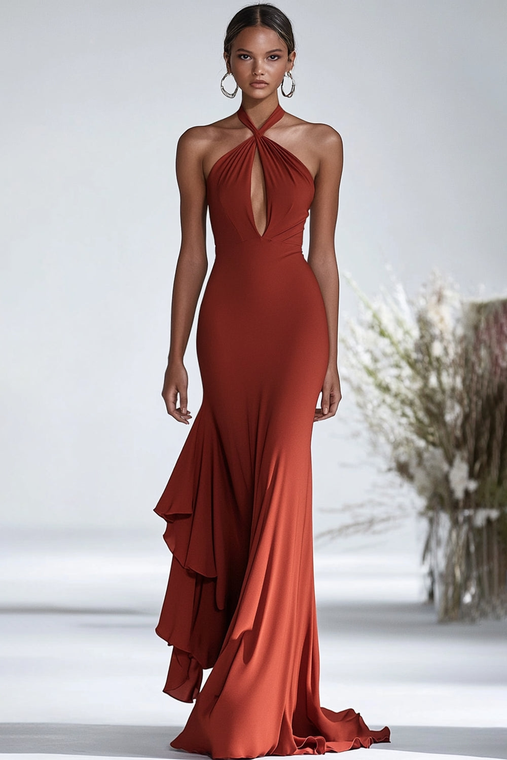 Terracotta Sheath Halter Chiffon Keyhole Long Formal Dress with Ruffles