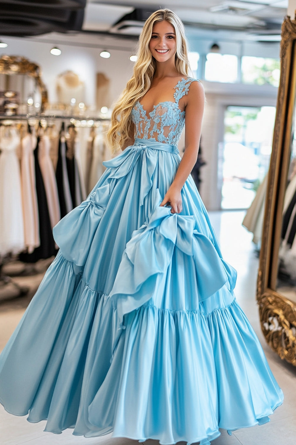 Ball Gown Sky Blue Corset Bow Long Prom Dress with Lace