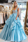 Ball Gown Sky Blue Corset Bow Long Prom Dress with Lace