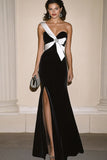 One Shoulder Sheath Black White Long Formal Dress with Slit