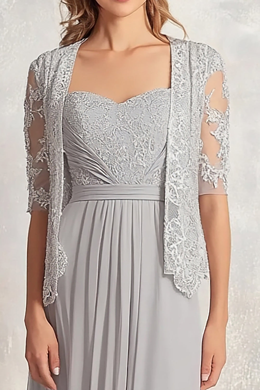 Silver Square Neck Chiffon Mother of the Bride Dress with Lace Jacket