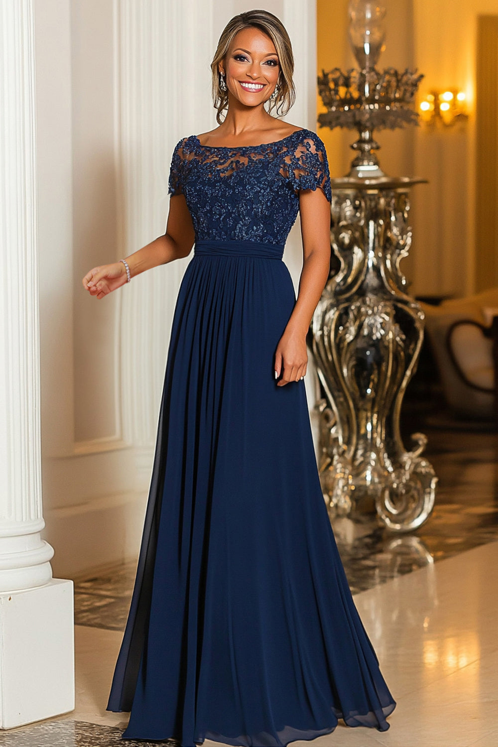Navy Short Sleeves Applique A-Line Chiffon Mother of the Bride Dress